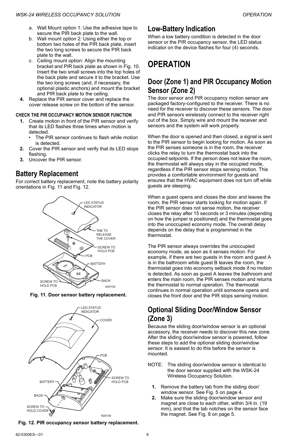 Battery replacement, Low-battery indication, Operation | Optional sliding door/window sensor (zone 3) | Honeywell WSK-24 User Manual | Page 6 / 16