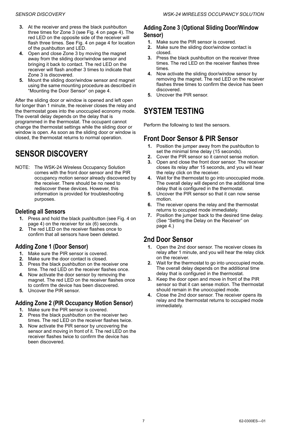 Sensor discovery, System testing, Front door sensor & pir sensor | 2nd door sensor, Sensor discovery system testing, Front door sensor & pir sensor 2nd door sensor, Deleting all sensors, Adding zone 1 (door sensor), Adding zone 2 (pir occupancy motion sensor) | Honeywell WSK-24 User Manual | Page 7 / 16