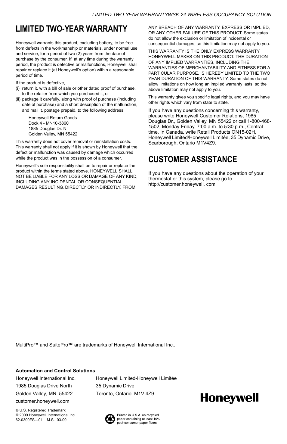 Limited two-year warranty, Customer assistance, Limited two-year warranty customer assistance | Honeywell WSK-24 User Manual | Page 8 / 16