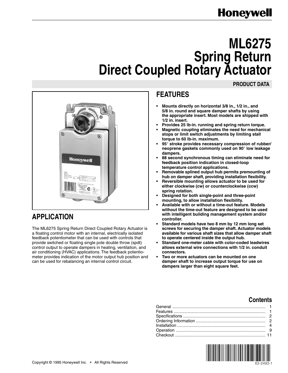 Honeywell SPRING RETURN ML6275 User Manual | 12 pages