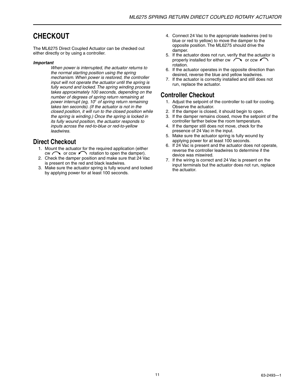 Checkout, Direct checkout, Controller checkout | Honeywell SPRING RETURN ML6275 User Manual | Page 11 / 12