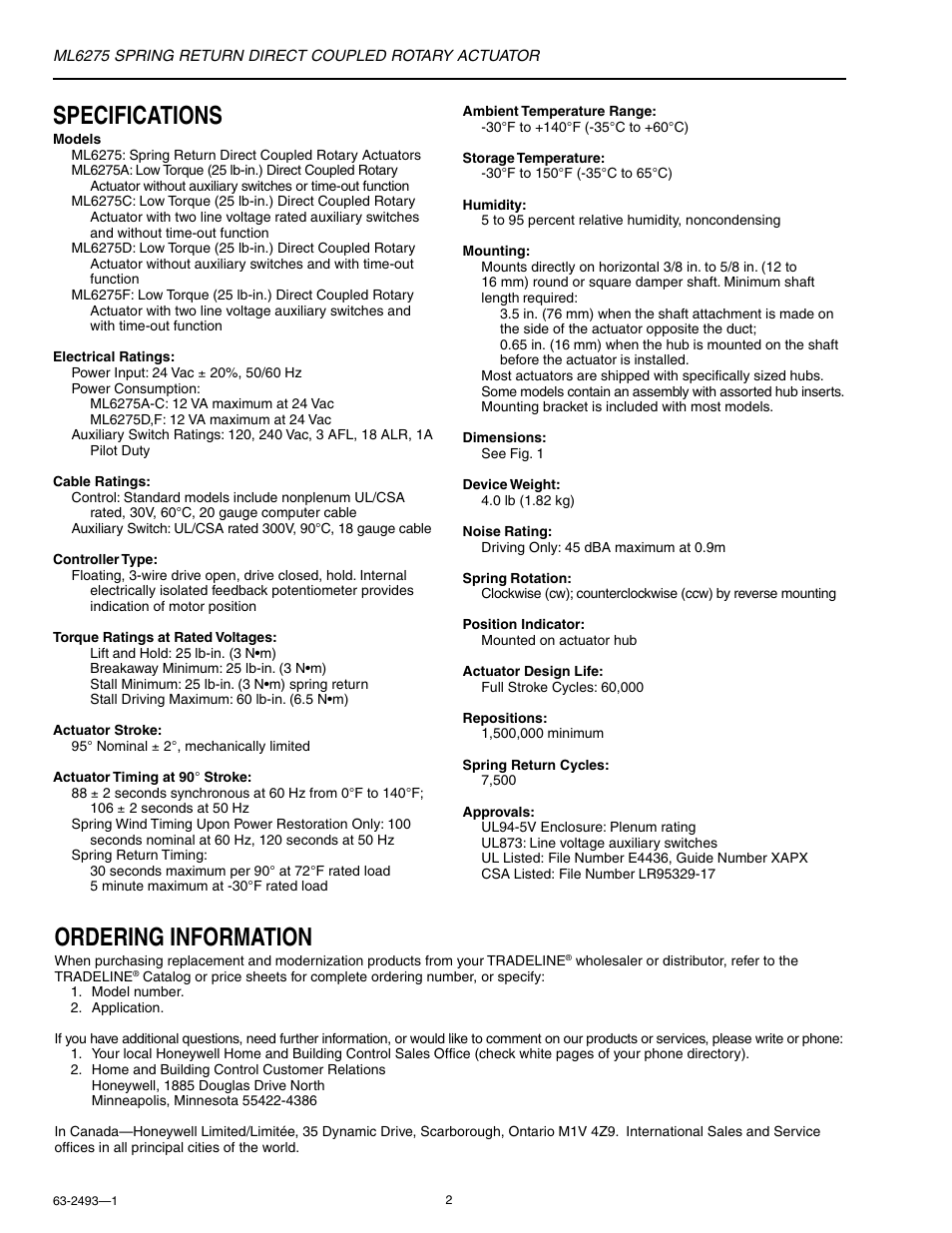 Specifications, Ordering information | Honeywell SPRING RETURN ML6275 User Manual | Page 2 / 12