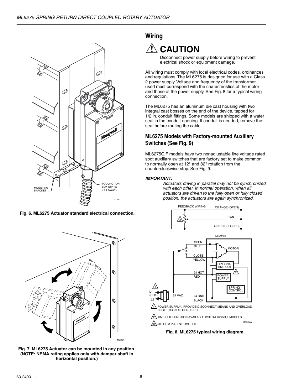 Caution, Wiring | Honeywell SPRING RETURN ML6275 User Manual | Page 8 / 12