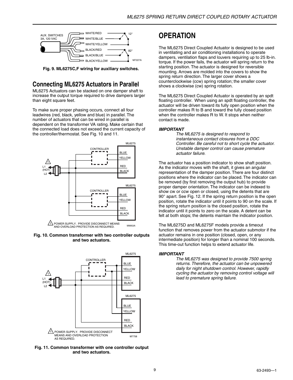 Operation, Connecting ml6275 actuators in parallel | Honeywell SPRING RETURN ML6275 User Manual | Page 9 / 12