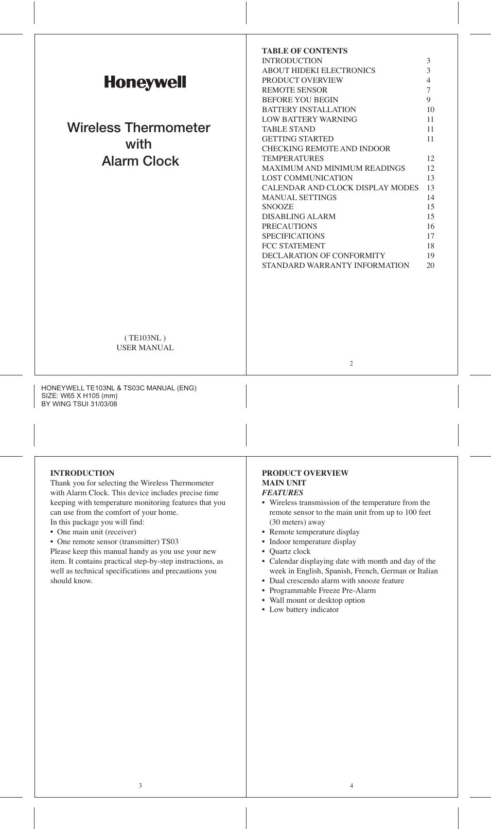 Honeywell TE103NL User Manual | 5 pages
