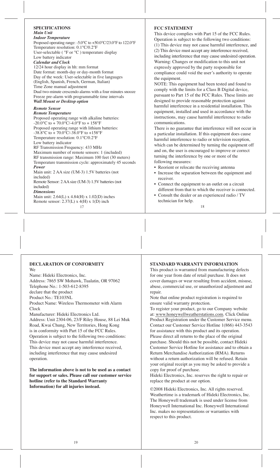 Honeywell TE103NL User Manual | Page 5 / 5