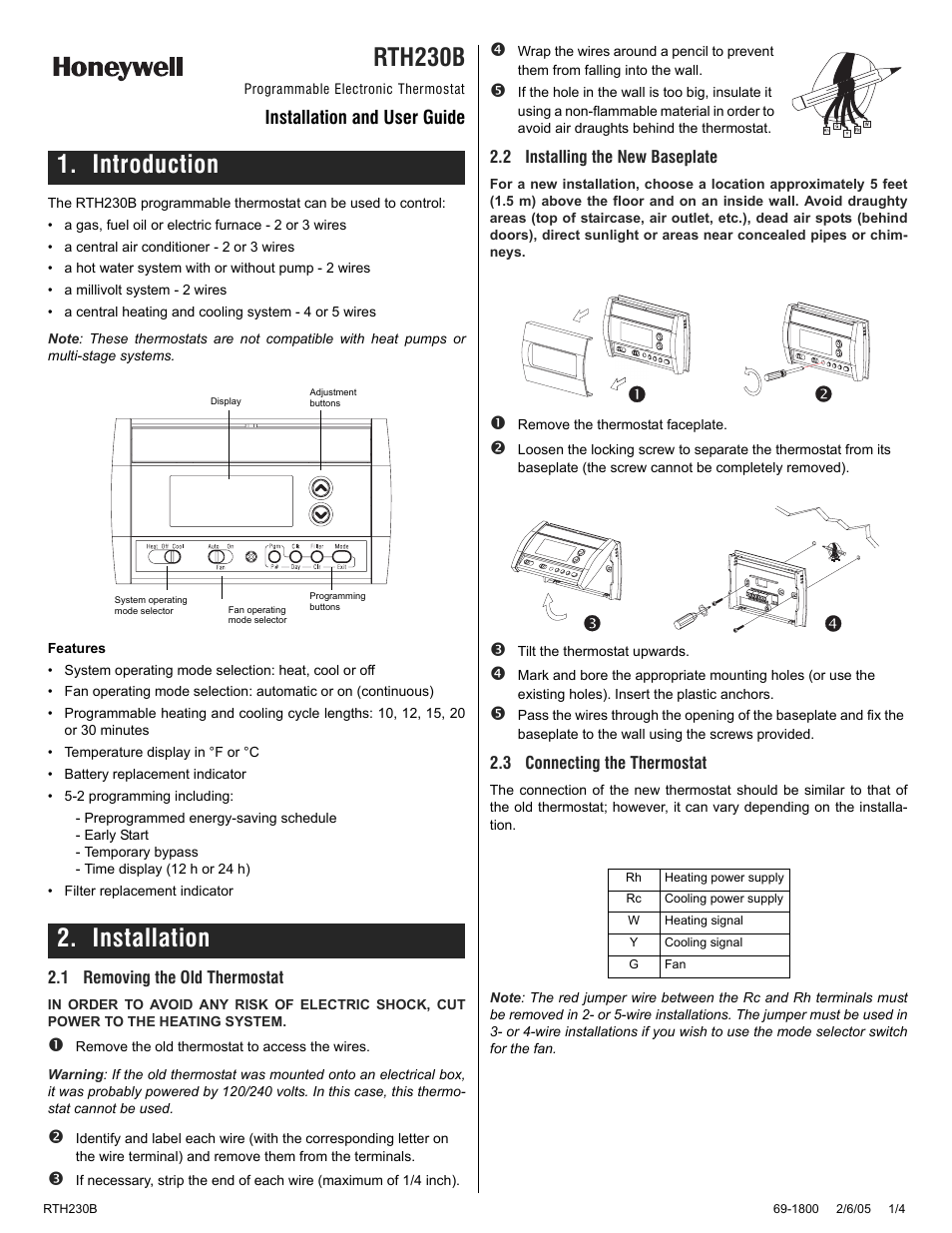 Honeywell rth230b User Manual | 4 pages