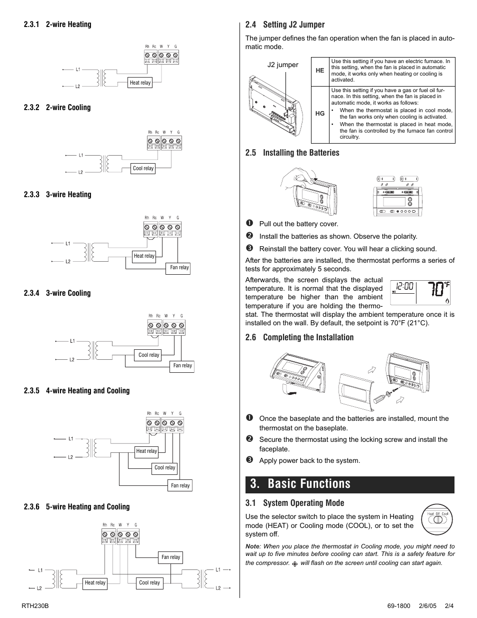 Basic functions, 4 setting j2 jumper, 5 installing the batteries | 6 completing the installation, 1 system operating mode | Honeywell rth230b User Manual | Page 2 / 4