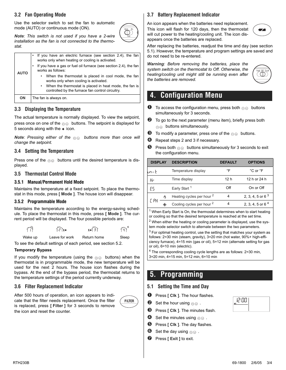 Configuration menu, Programming | Honeywell rth230b User Manual | Page 3 / 4