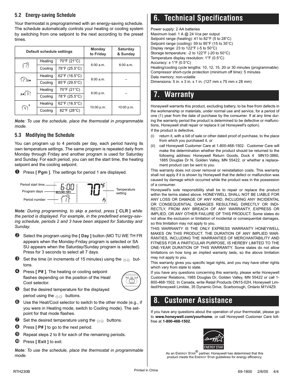 2 energy-saving schedule, 3 modifying the schedule | Honeywell rth230b User Manual | Page 4 / 4