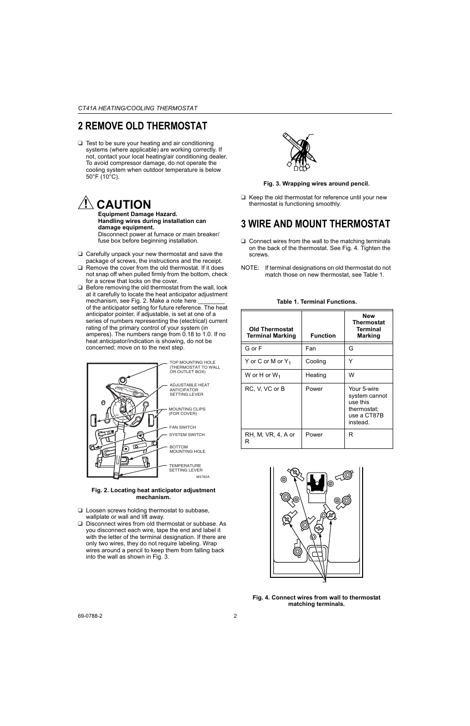 2 remove old thermostat, 3 wire and mount thermostat, Caution | Honeywell CT41A User Manual | Page 2 / 8