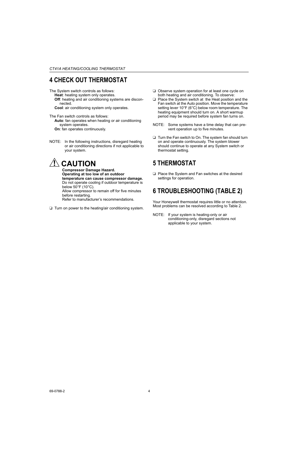 4 check out thermostat, 5 thermostat, 6 troubleshooting (table 2) | Caution | Honeywell CT41A User Manual | Page 4 / 8