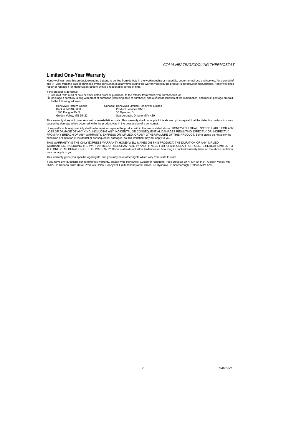 Limited one-year warranty | Honeywell CT41A User Manual | Page 7 / 8