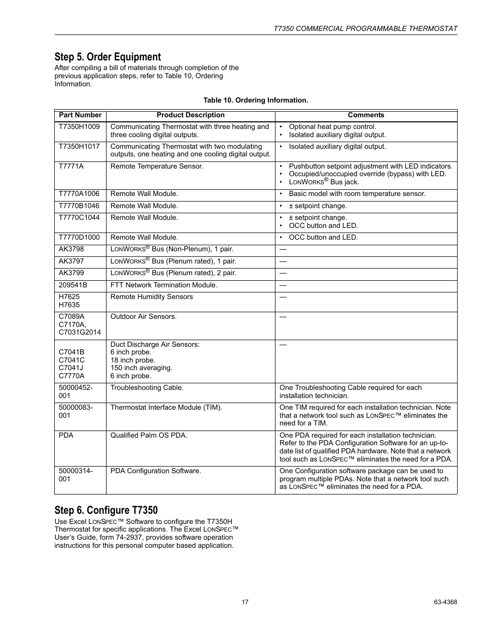 Step 5. order equipment, Step 6. configure t7350 | Honeywell COMMERCIAL PROGRAMMABLE T7350 User Manual | Page 17 / 44