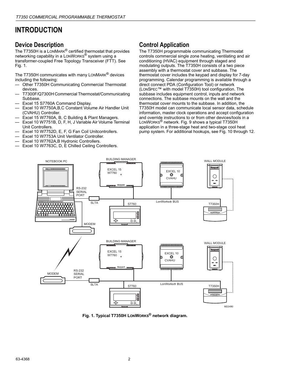 Introduction, Device description, Control application | T7350 commercial programmable thermostat, The t7350h is a l, Network diagram | Honeywell COMMERCIAL PROGRAMMABLE T7350 User Manual | Page 2 / 44