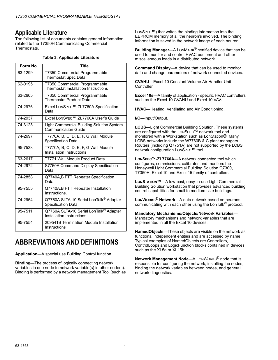 Applicable literature, Abbreviations and definitions | Honeywell COMMERCIAL PROGRAMMABLE T7350 User Manual | Page 4 / 44