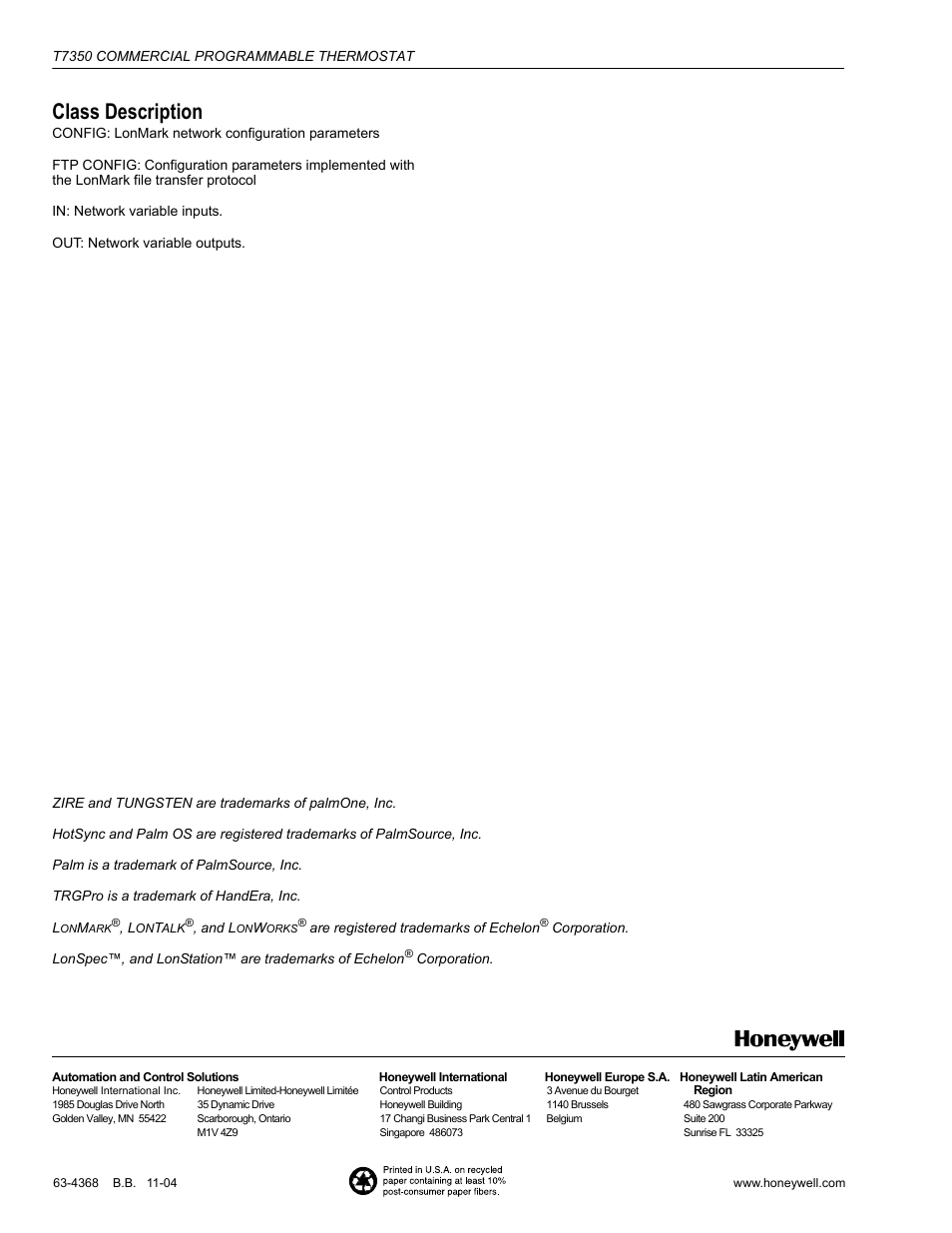 Class description | Honeywell COMMERCIAL PROGRAMMABLE T7350 User Manual | Page 44 / 44