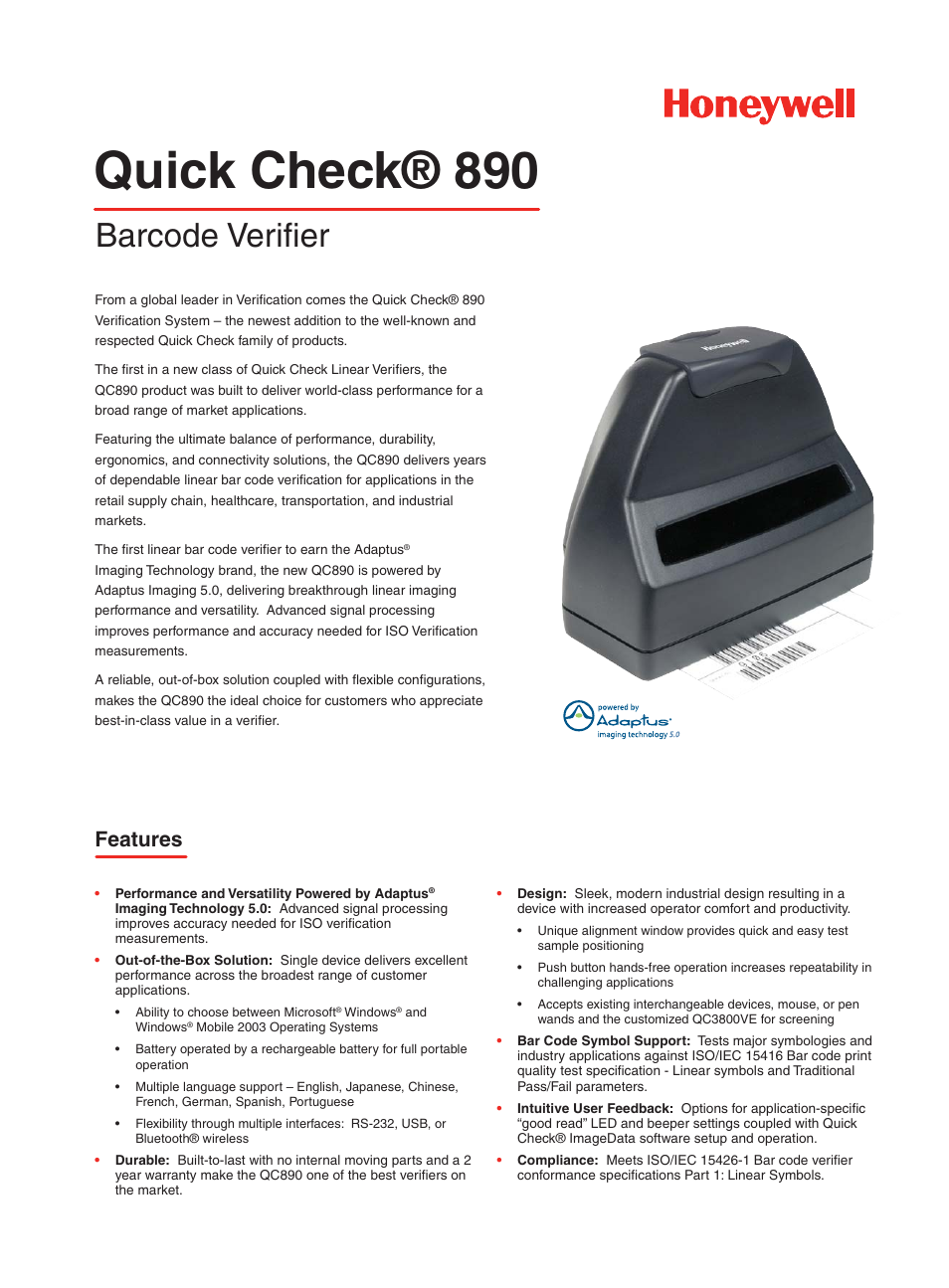 Honeywell Quick Check 890 User Manual | 2 pages