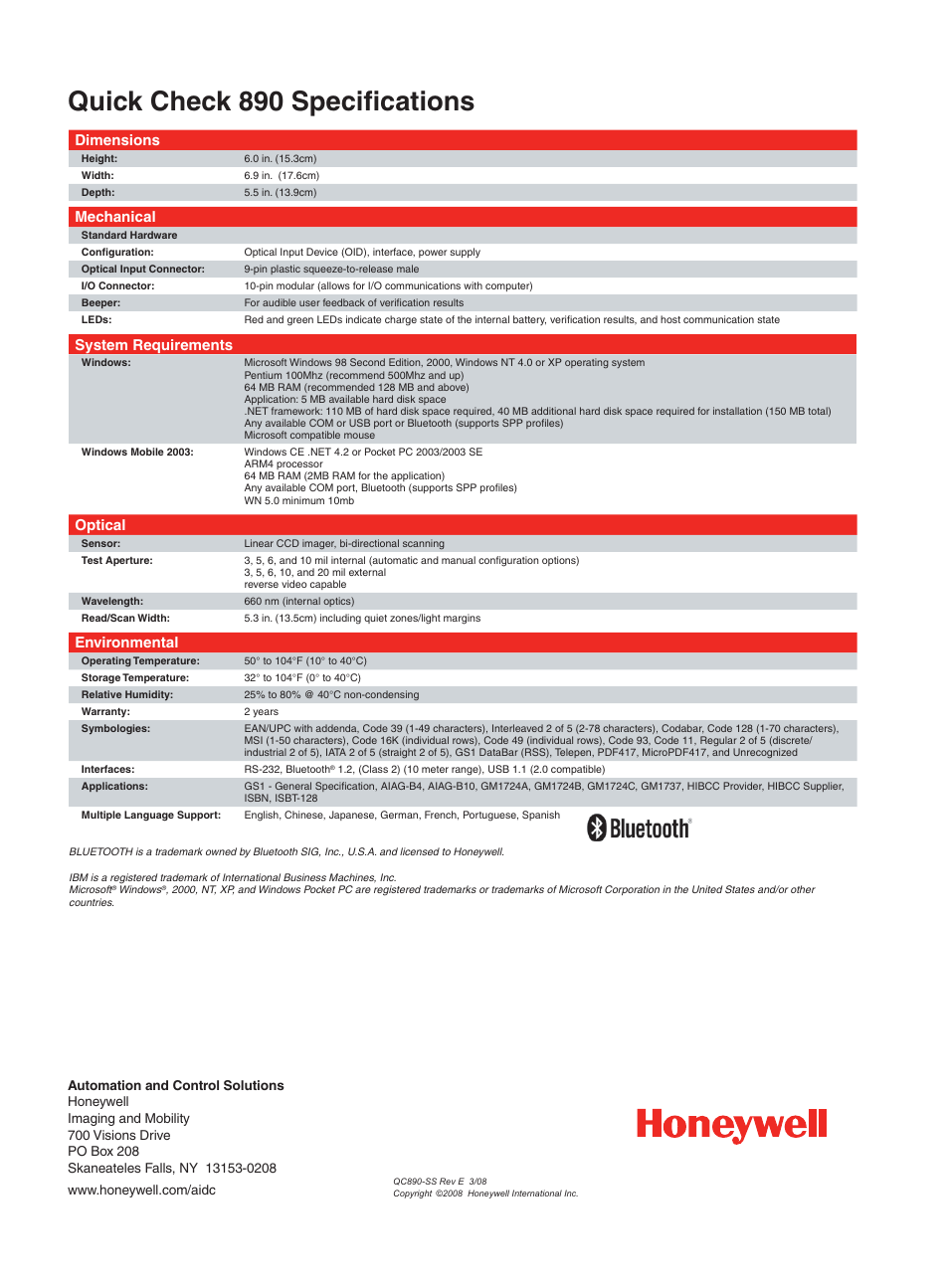 Quick check 890 specifi cations, Dimensions, Mechanical | System requirements, Optical, Environmental | Honeywell Quick Check 890 User Manual | Page 2 / 2