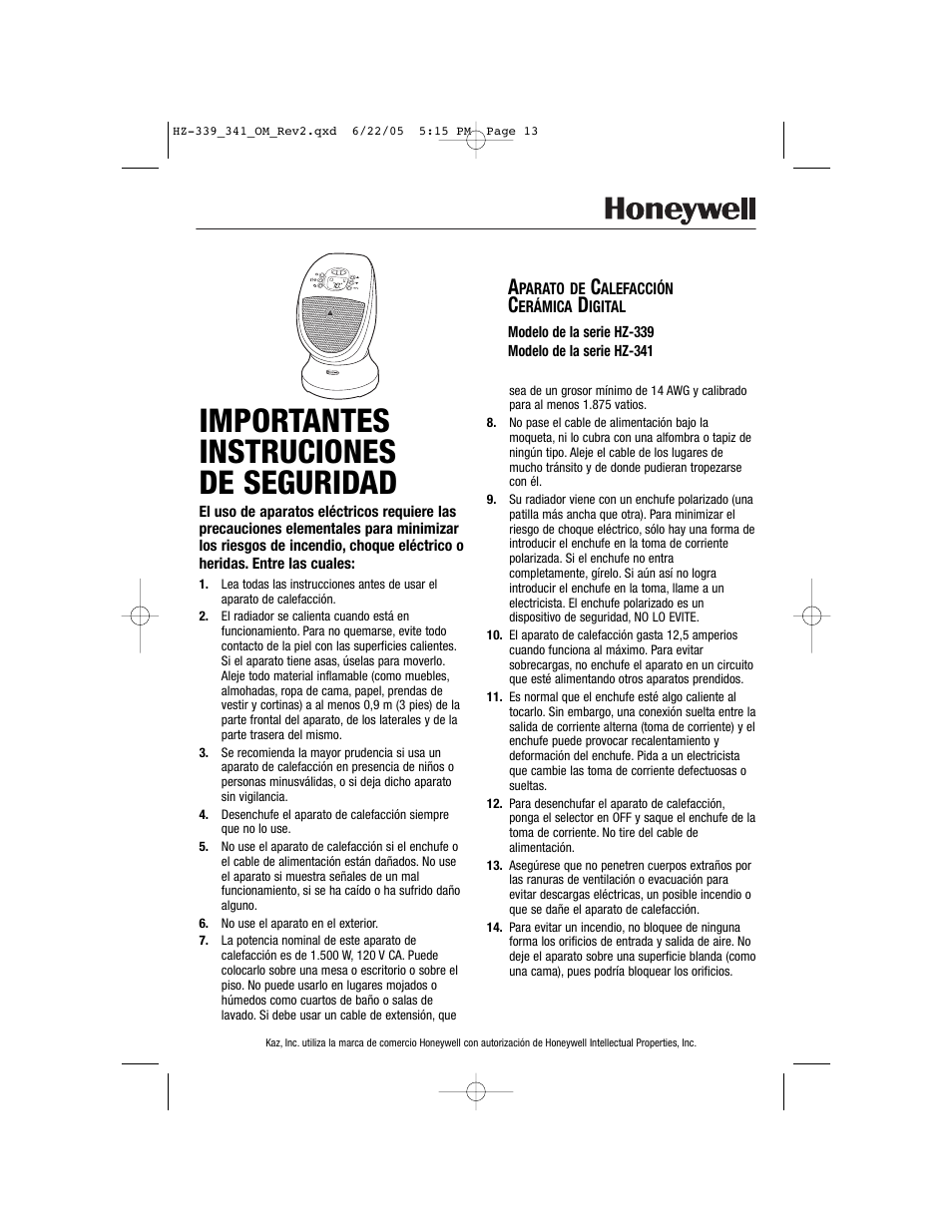 Importantes instruciones de seguridad | Honeywell HZ-341 User Manual | Page 13 / 19