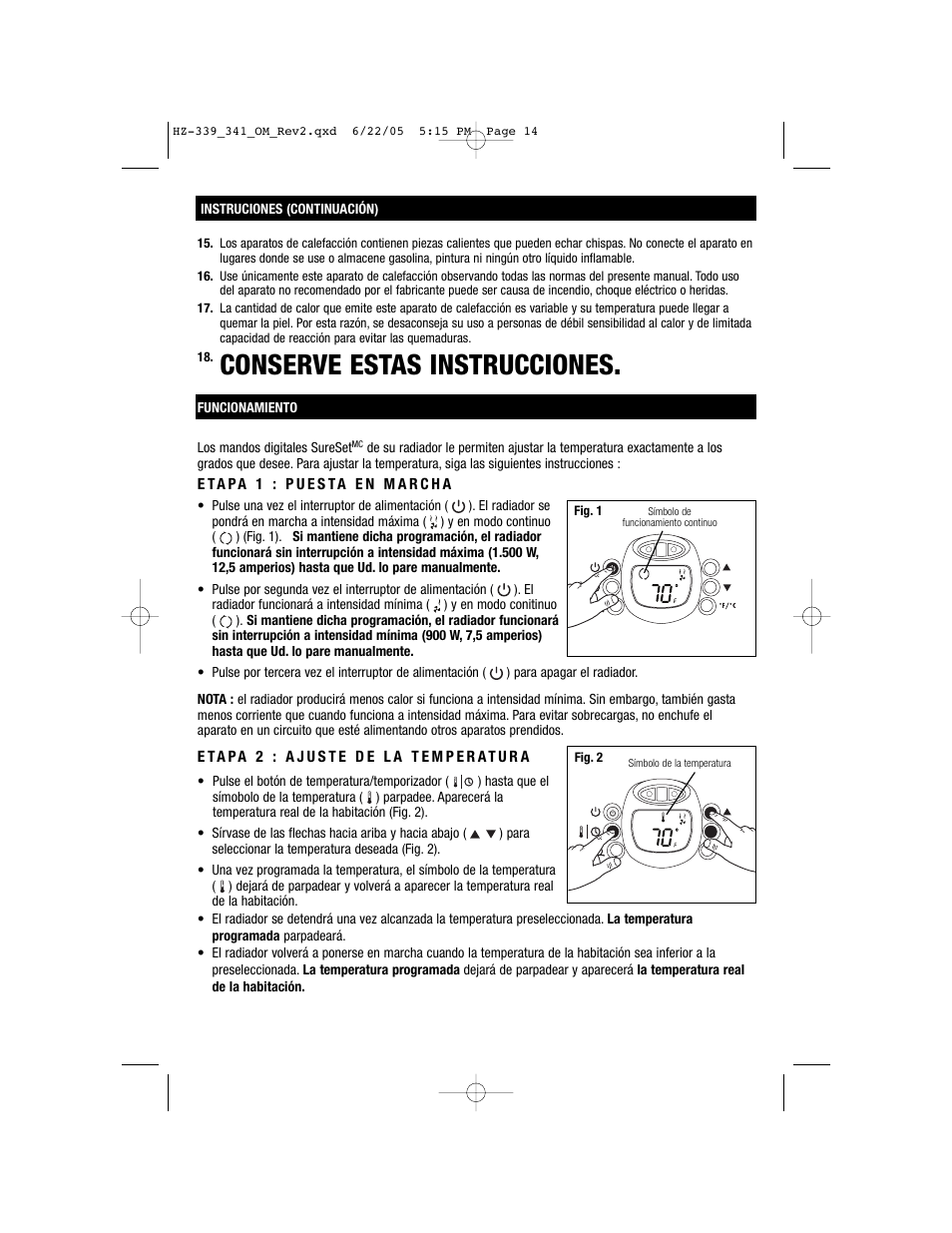 Conserve estas instrucciones | Honeywell HZ-341 User Manual | Page 14 / 19