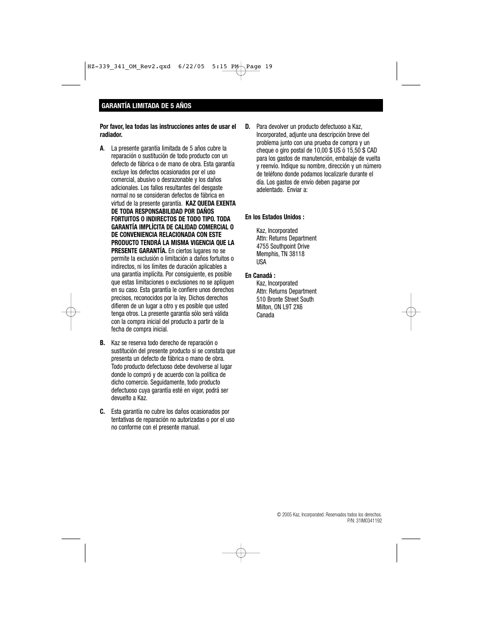 Honeywell HZ-341 User Manual | Page 19 / 19