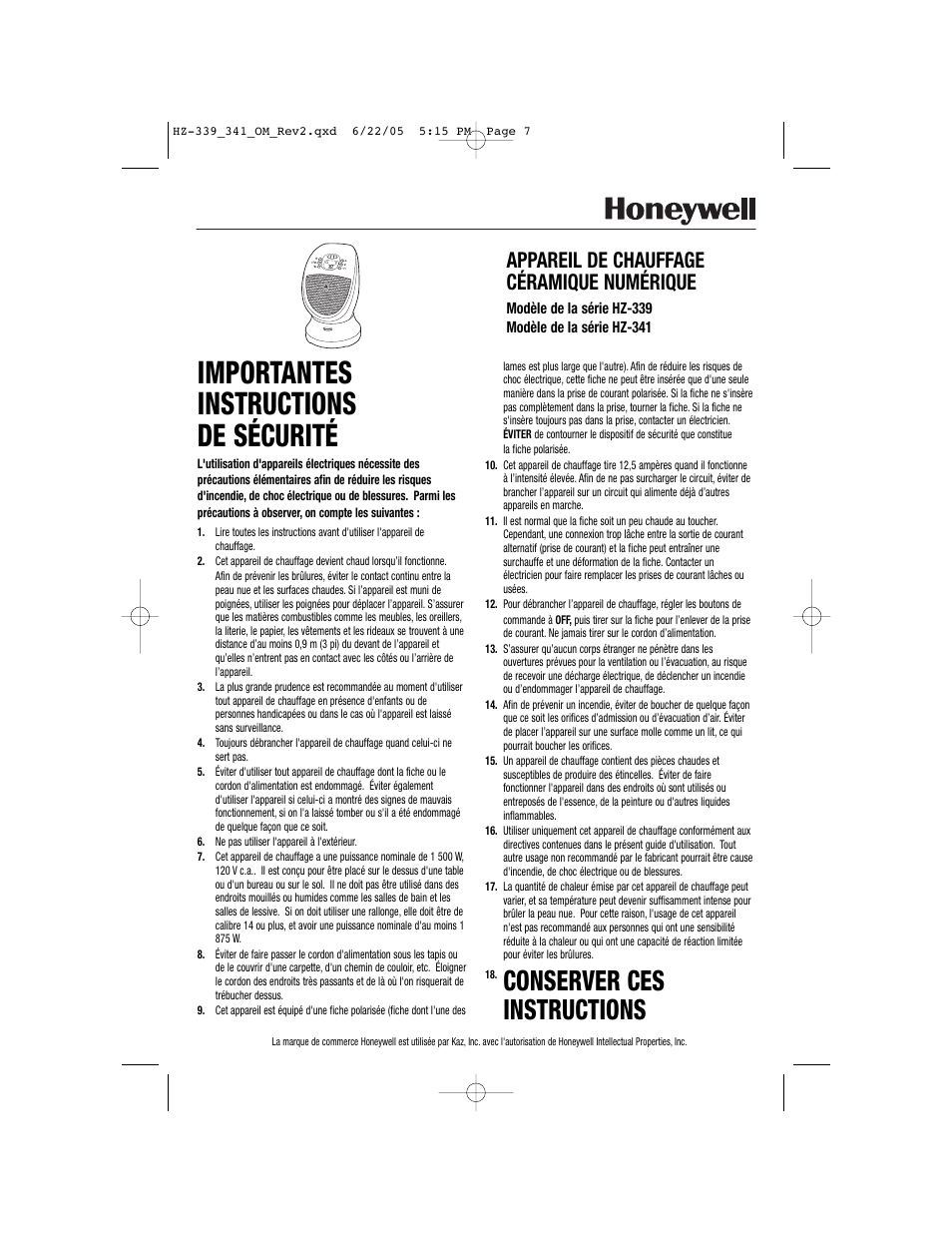 Importantes instructions de sécurité, Conserver ces instructions, Appareil de chauffage céramique numérique | Honeywell HZ-341 User Manual | Page 7 / 19