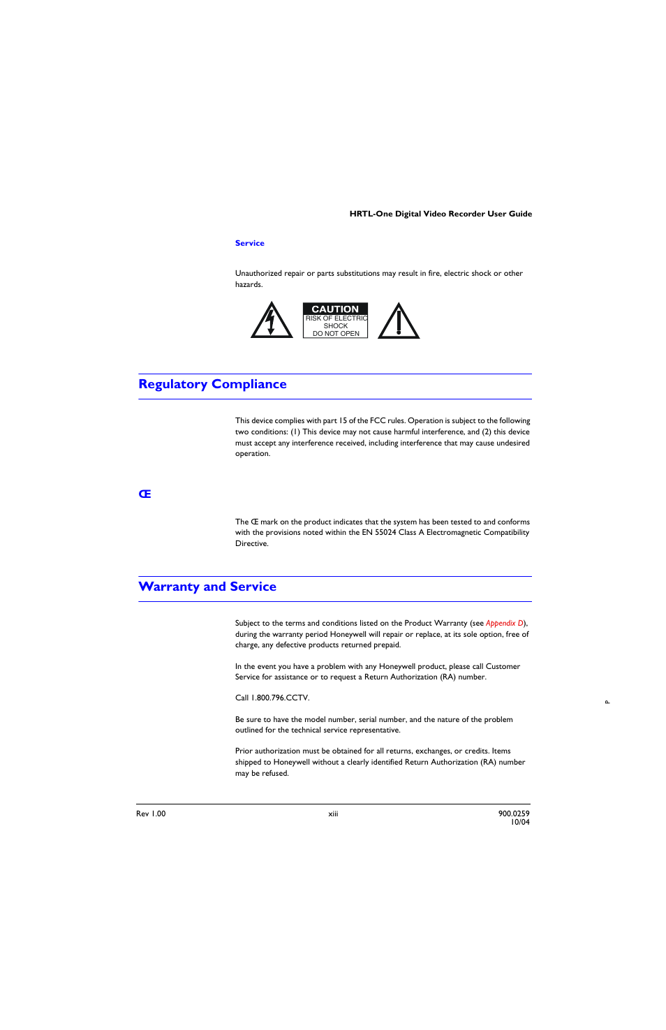 Regulatory compliance, Warranty and service | Honeywell HRTL-One User Manual | Page 10 / 62