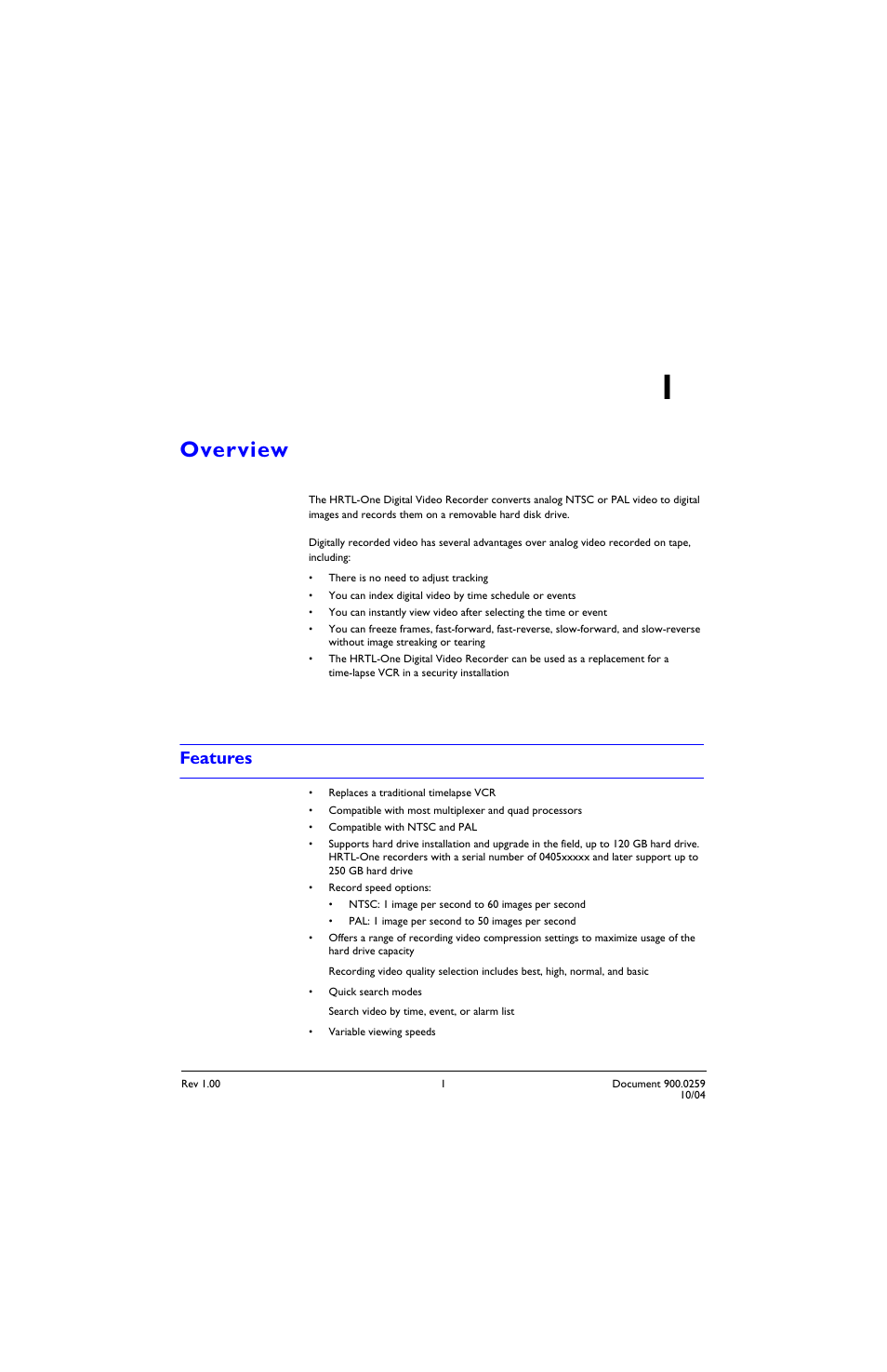 Overview 1, Features, Overview | Chapter 1, overview | Honeywell HRTL-One User Manual | Page 12 / 62