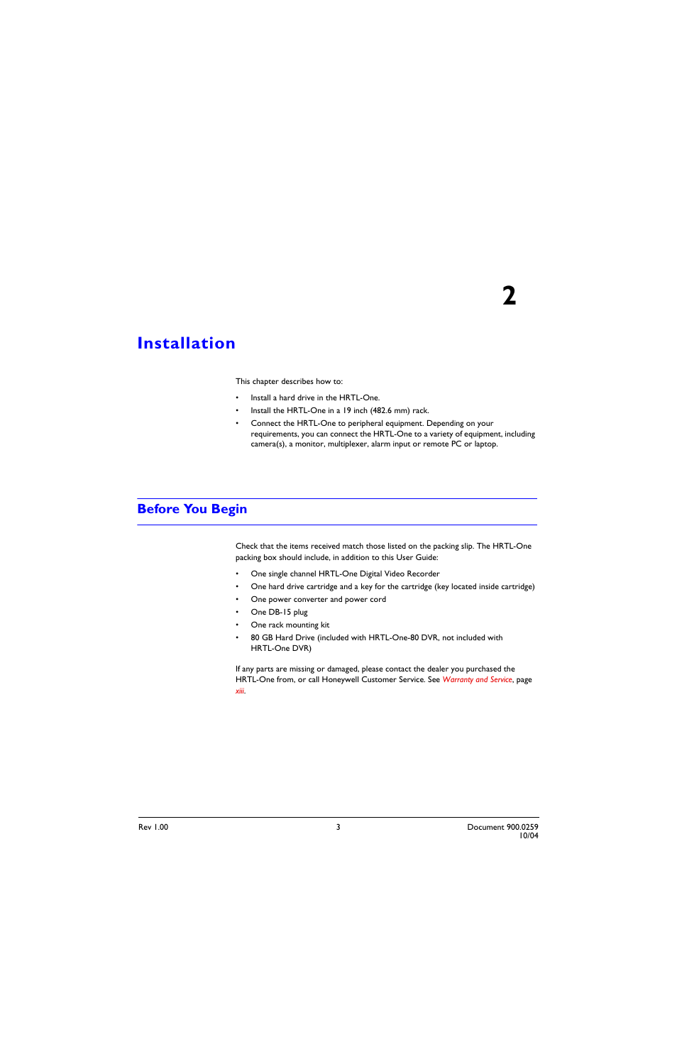 Installation 2, Before you begin, Installation | Chapter 2, installation | Honeywell HRTL-One User Manual | Page 14 / 62