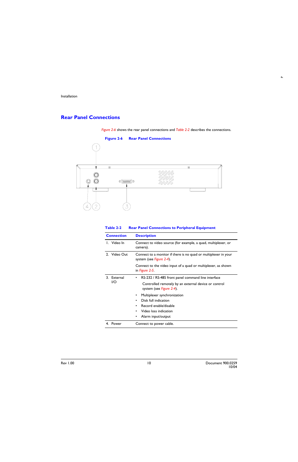 Rear panel connections, Figure 2-6, Table 2-2 | Rear panel connections to peripheral equipment | Honeywell HRTL-One User Manual | Page 21 / 62