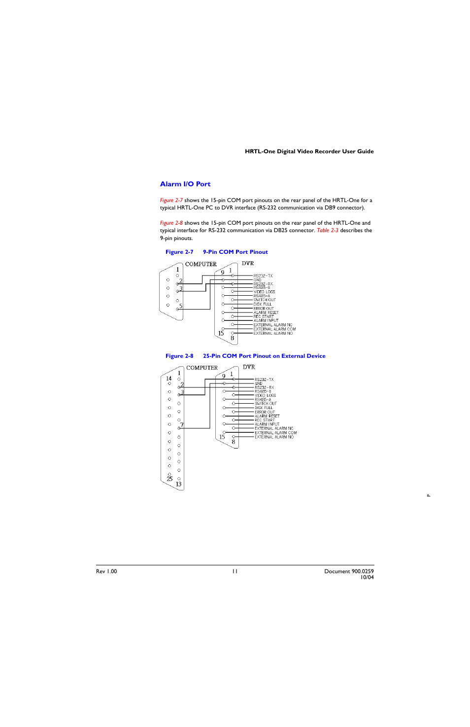 Figure 2-7, Pin com port pinout, Figure 2-8 | Pin com port pinout on external device | Honeywell HRTL-One User Manual | Page 22 / 62