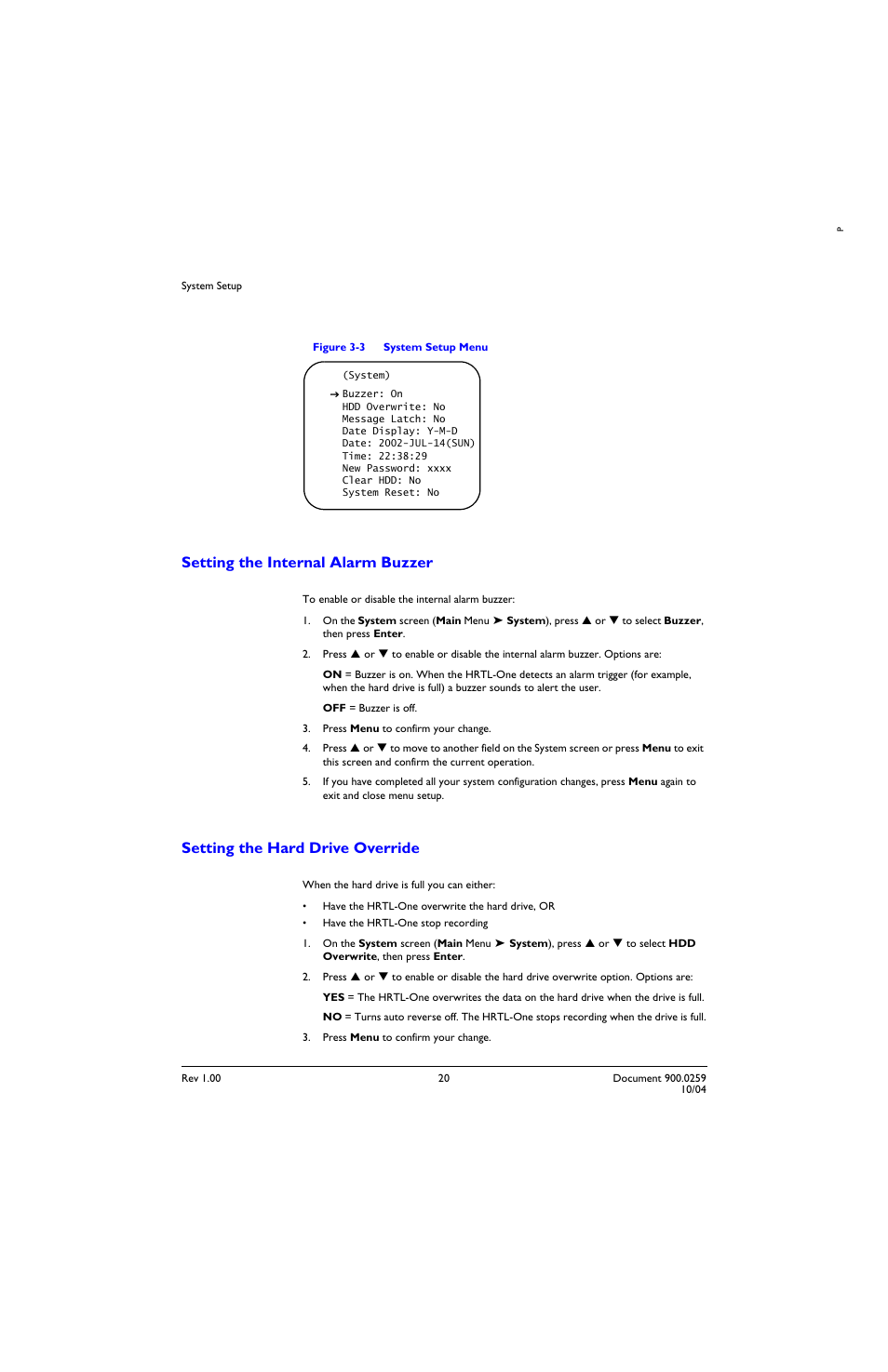 Setting the internal alarm buzzer, Setting the hard drive override, Figure 3-3 | System setup menu | Honeywell HRTL-One User Manual | Page 30 / 62