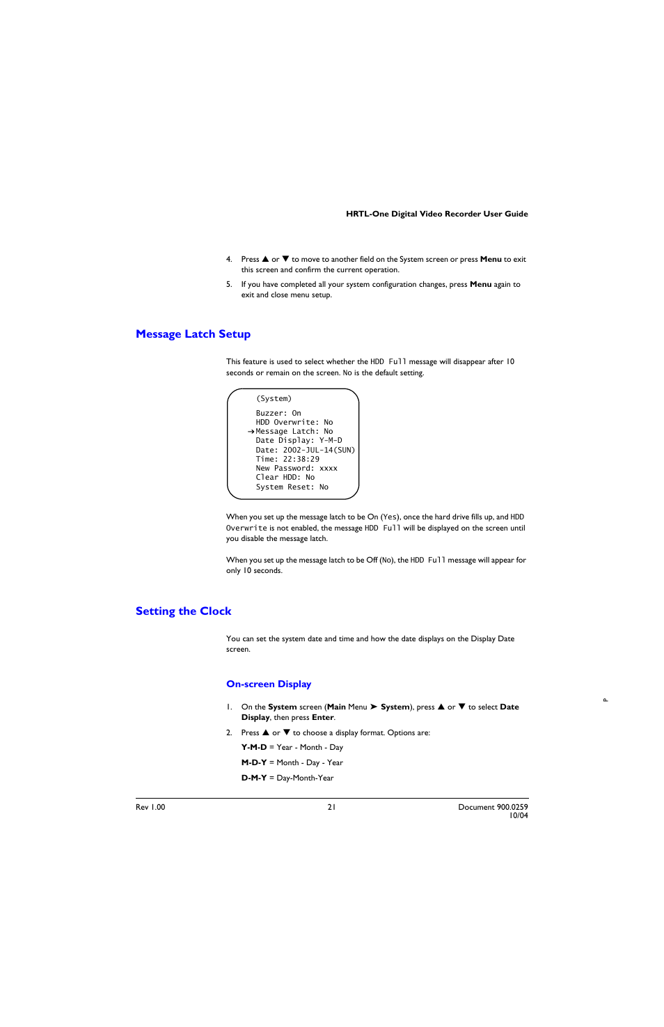 Message latch setup, Setting the clock, Message latch setup setting the clock | Honeywell HRTL-One User Manual | Page 31 / 62