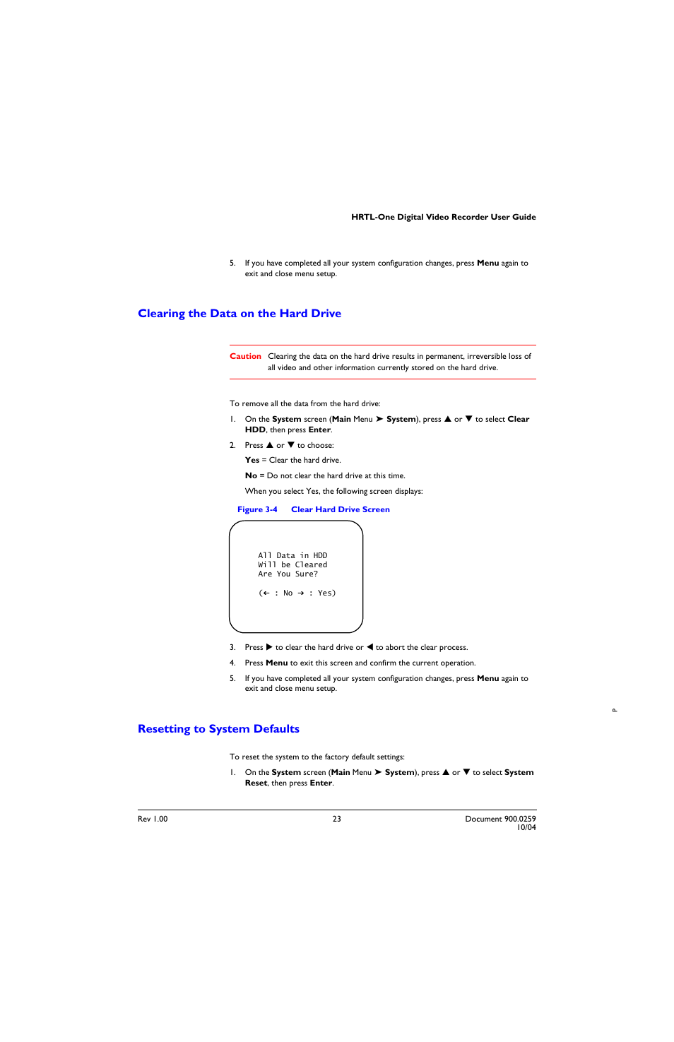Clearing the data on the hard drive, Resetting to system defaults, Figure 3-4 | Clear hard drive screen | Honeywell HRTL-One User Manual | Page 33 / 62