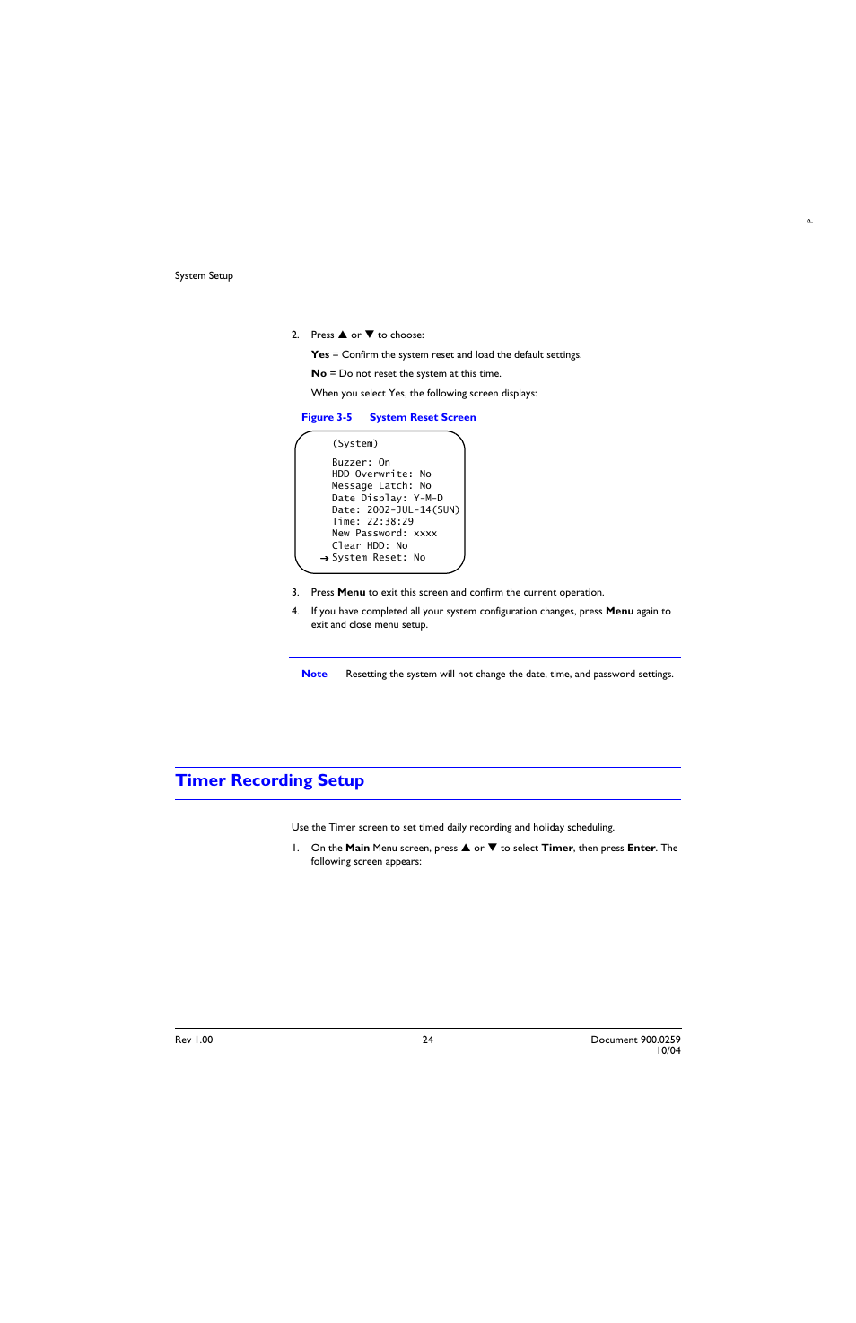 Timer recording setup, Figure 3-5, System reset screen | Honeywell HRTL-One User Manual | Page 34 / 62