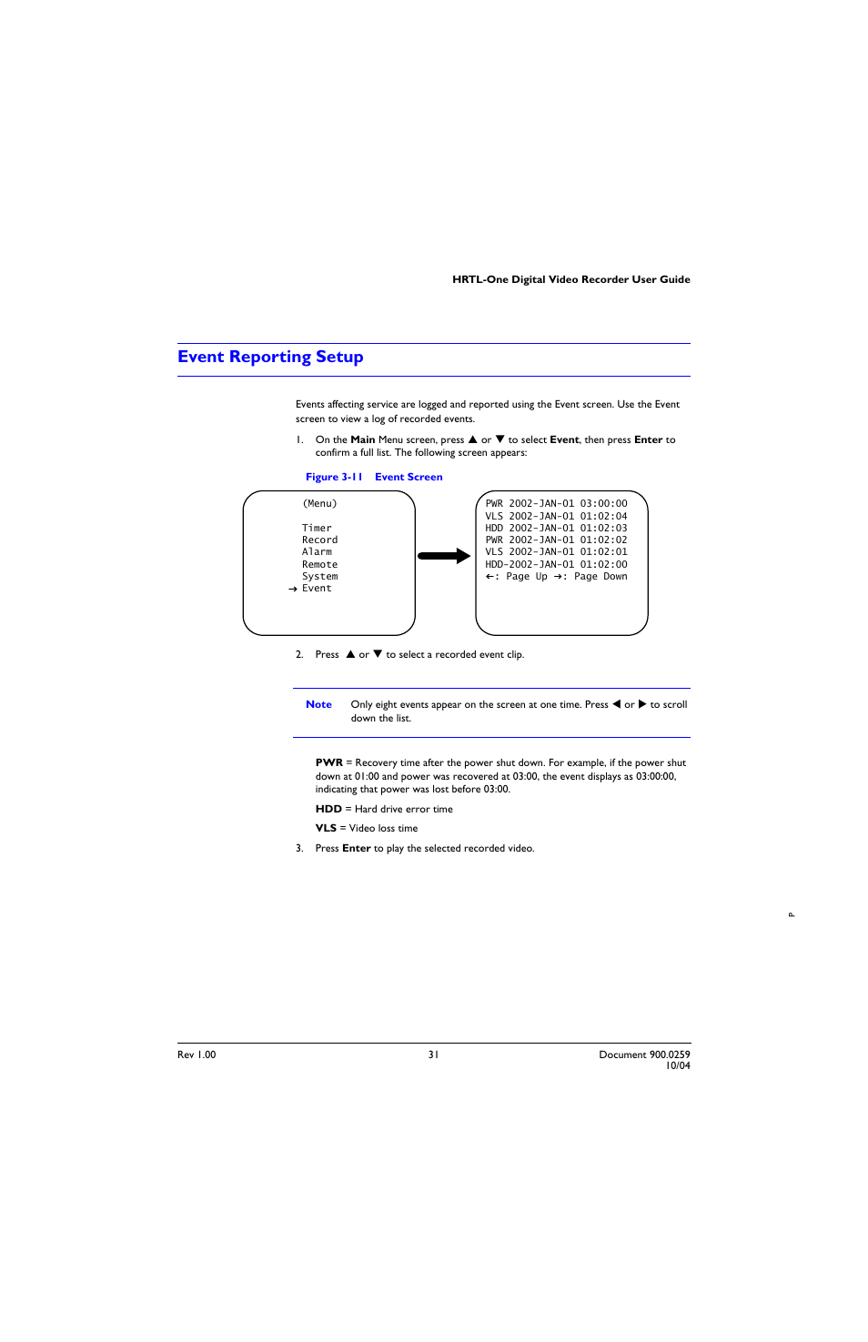 Event reporting setup, Figure 3-11, Event screen | Honeywell HRTL-One User Manual | Page 41 / 62