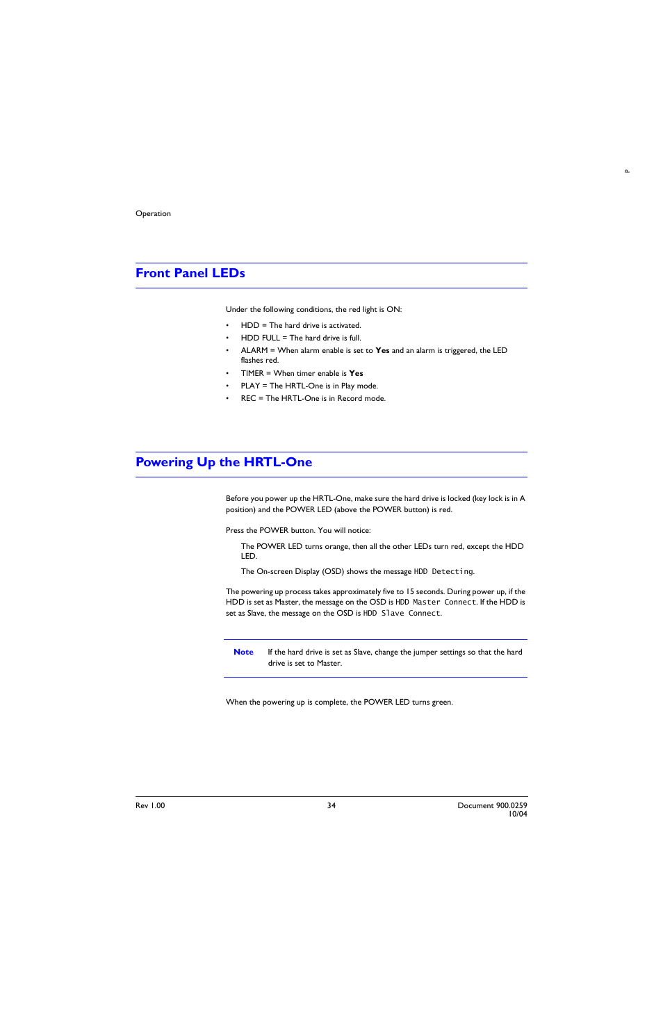 Front panel leds, Powering up the hrtl-one, Front panel leds powering up the hrtl-one | Honeywell HRTL-One User Manual | Page 43 / 62