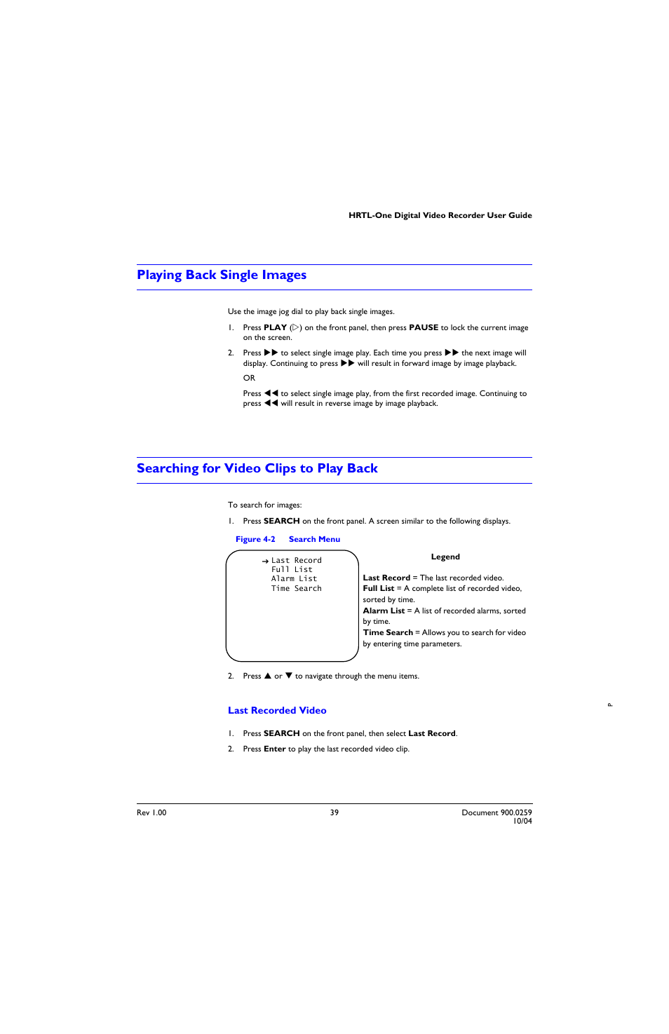 Playing back single images, Searching for video clips to play back, Figure 4-2 | Search menu | Honeywell HRTL-One User Manual | Page 48 / 62