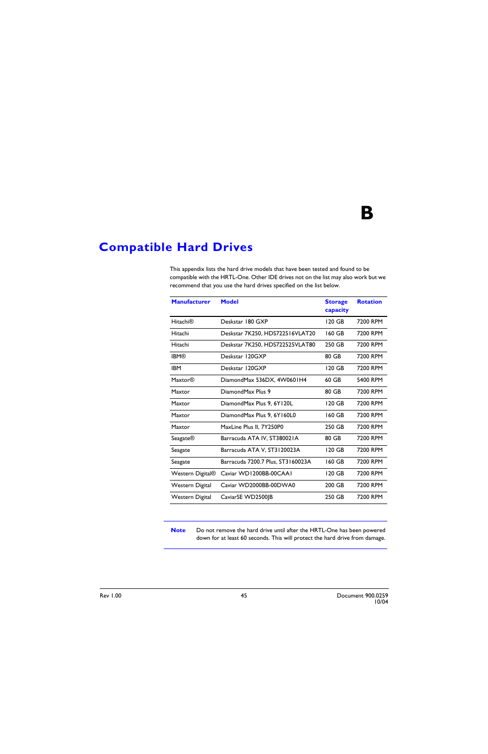 Compatible hard drives b, Appendix b, Compatible hard drives | Appendix b, compatible hard drives | Honeywell HRTL-One User Manual | Page 53 / 62