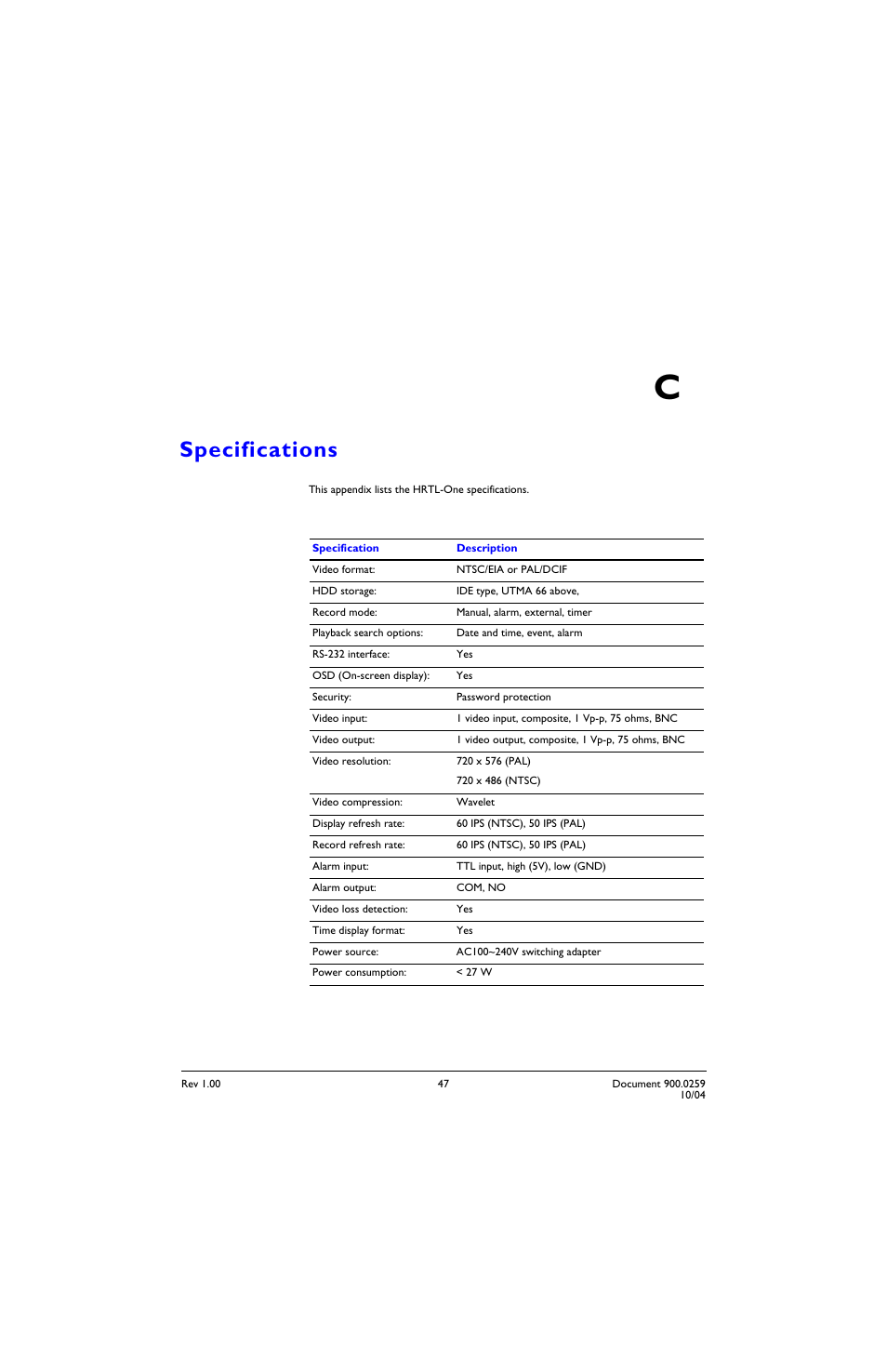Specifications c, Appendix c, Specifications | Appendix c, specifications | Honeywell HRTL-One User Manual | Page 54 / 62