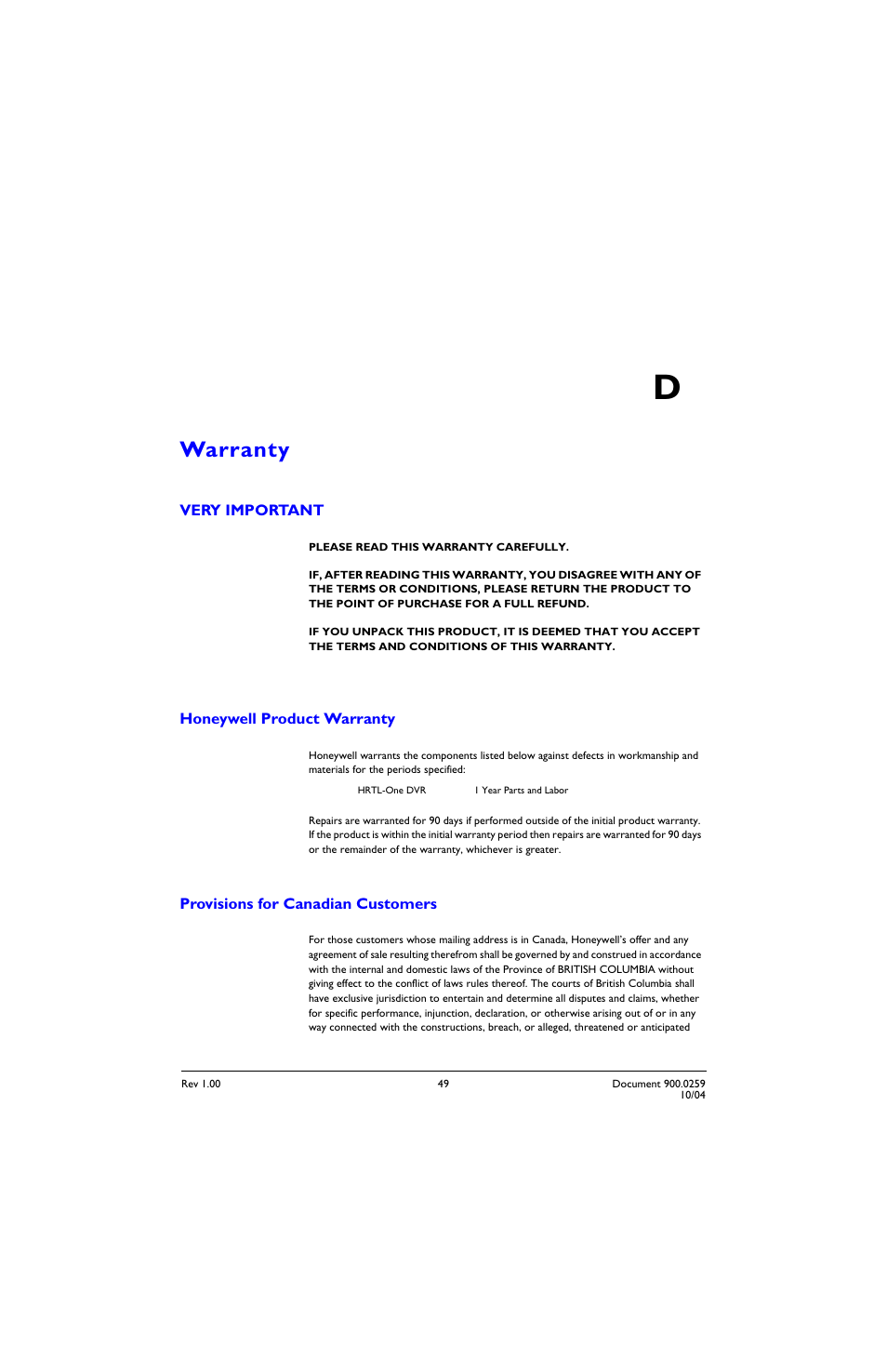Warranty d, Appendix d, Warranty | Appendix d, warranty | Honeywell HRTL-One User Manual | Page 56 / 62