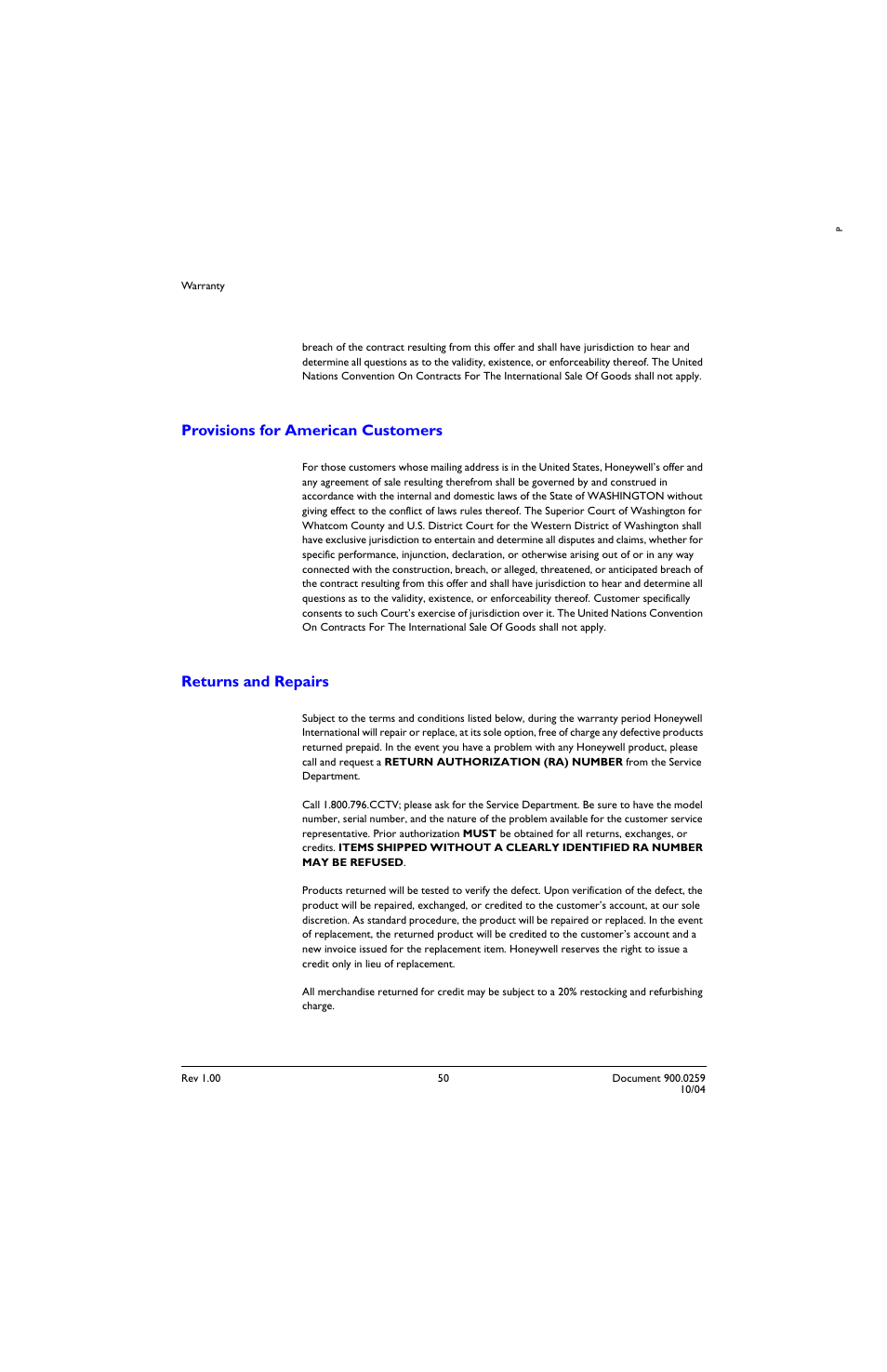 Provisions for american customers, Returns and repairs | Honeywell HRTL-One User Manual | Page 57 / 62