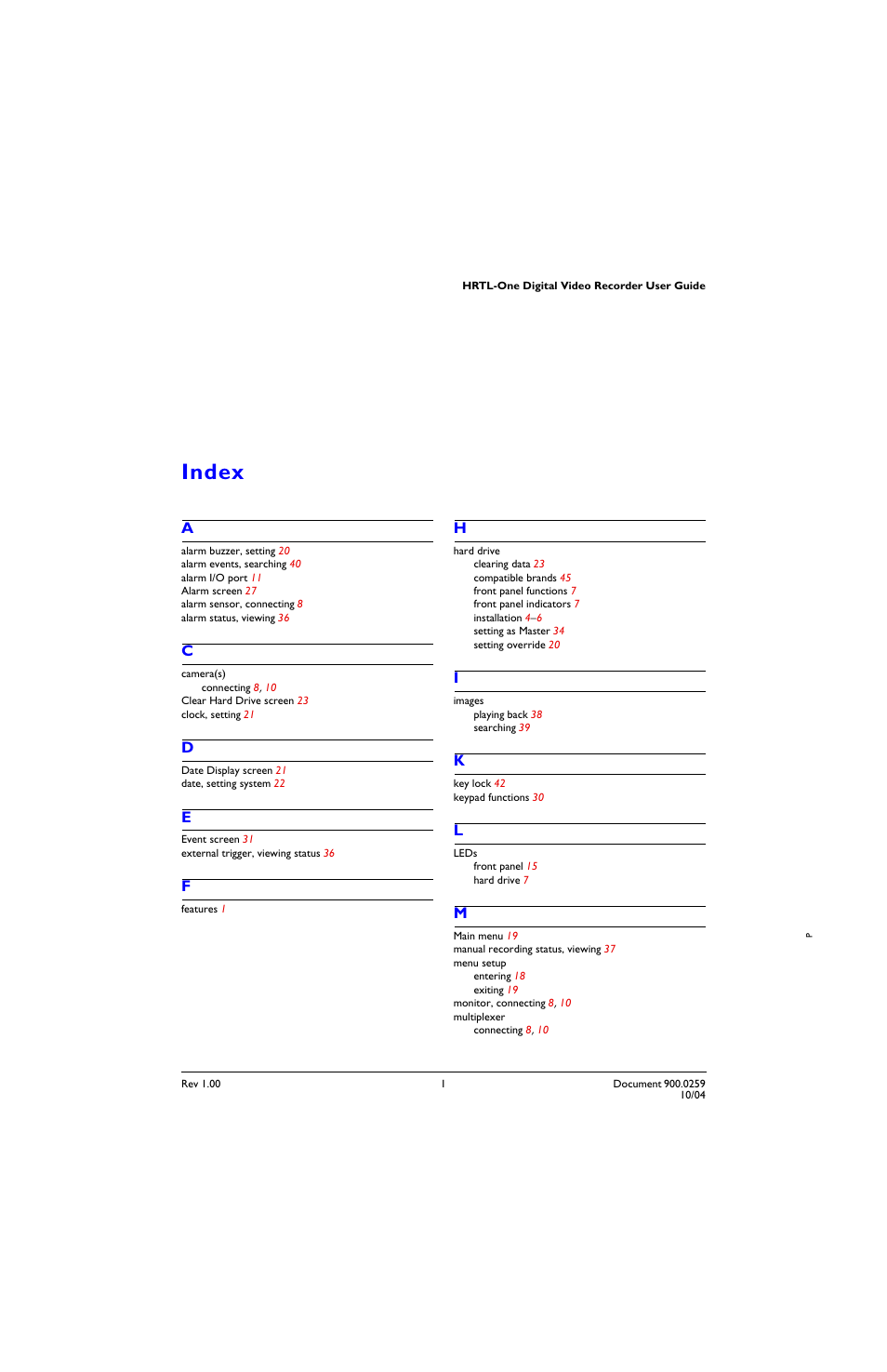 Index | Honeywell HRTL-One User Manual | Page 60 / 62