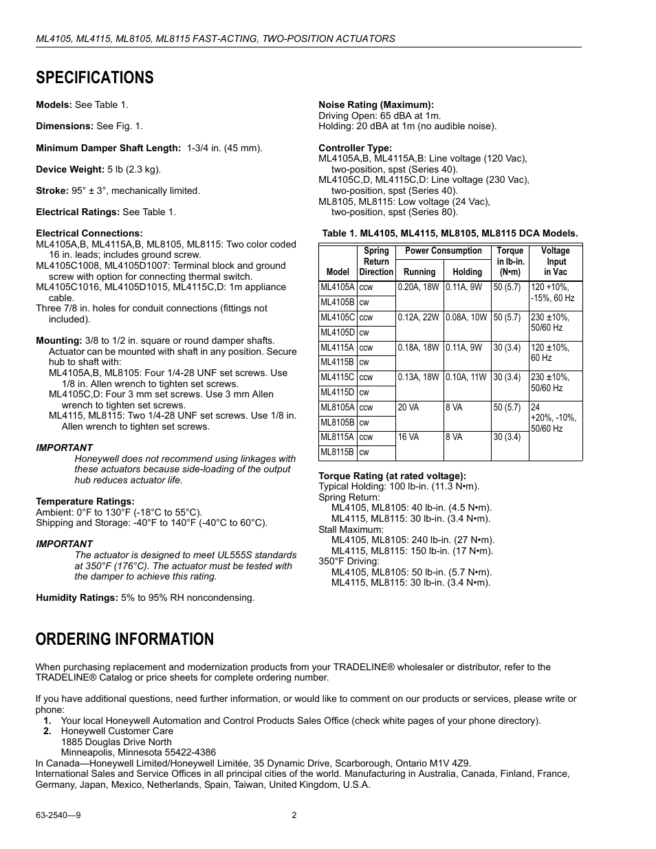 Specifications, Ordering information | Honeywell ML4105 User Manual | Page 2 / 8