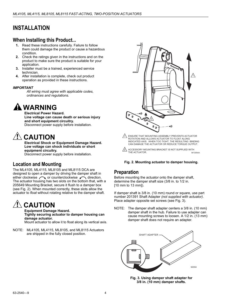 Installation, When installing this product, Location and mounting | Preparation, Warning, Caution | Honeywell ML4105 User Manual | Page 4 / 8