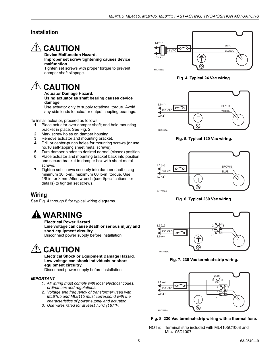 Installation, Wiring, Caution | Warning | Honeywell ML4105 User Manual | Page 5 / 8