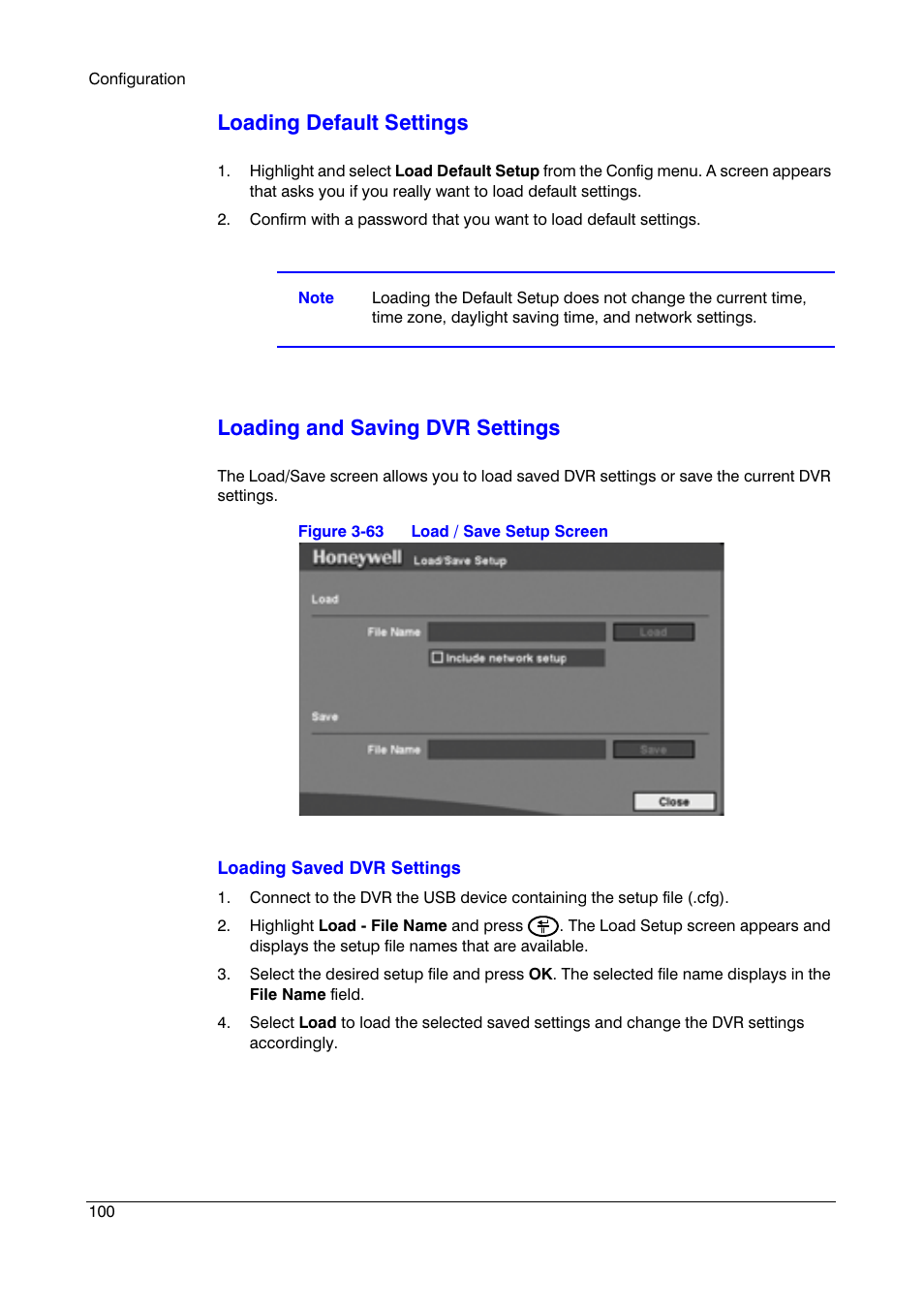 Loading default settings, Loading and saving dvr settings | Honeywell HRSD4 User Manual | Page 100 / 136
