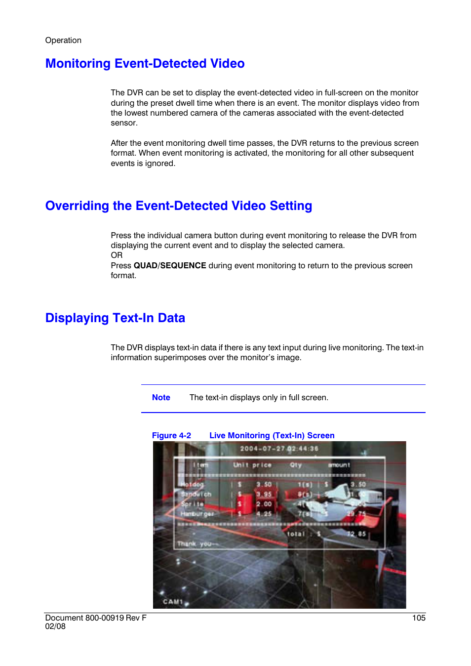 Monitoring event-detected video, Overriding the event-detected video setting, Displaying text-in data | Honeywell HRSD4 User Manual | Page 105 / 136
