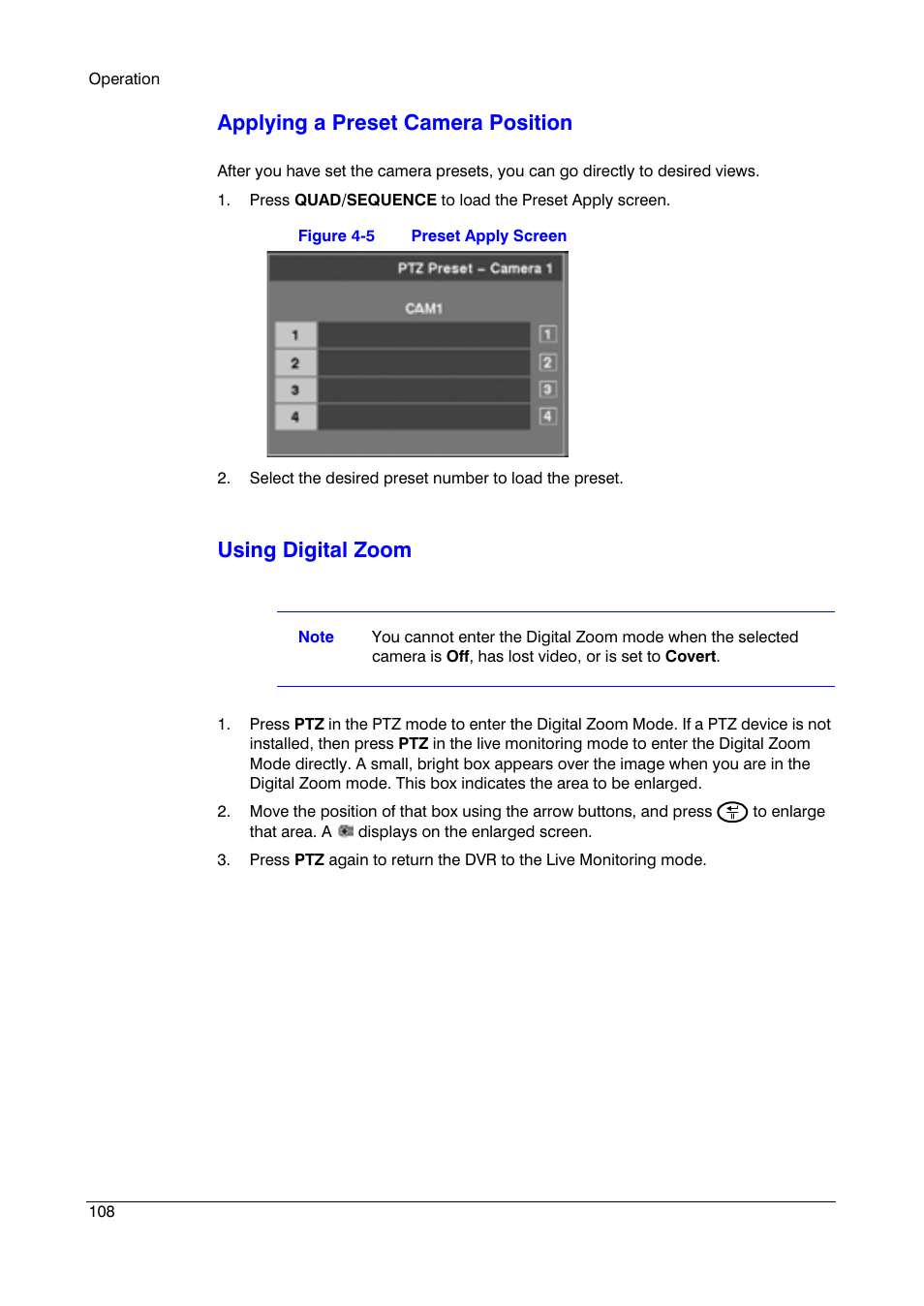 Applying a preset camera position, Using digital zoom | Honeywell HRSD4 User Manual | Page 108 / 136